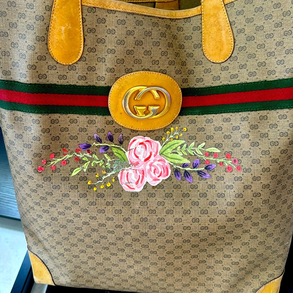 Gucci tote bag, vintage, made in Italy and hand painted custom roses